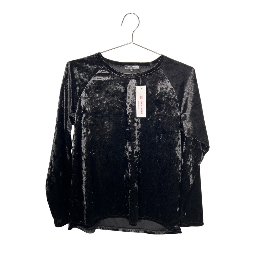 Black Crushed Velvet Long Sleeve‎ Top Raglan Goth Minimalist Size M NWT
